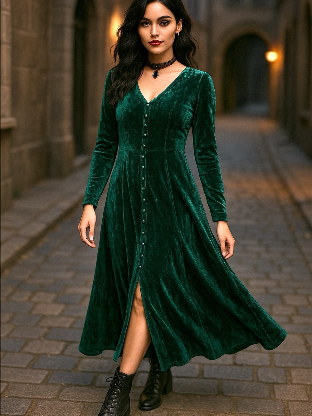 Vintage Papillon Emerald Green Velvet Maxi Dress M Long Sleeve Goth Renaissance